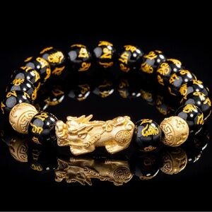 TWO Buddha Power bracelets • OBSIDIAN Boxed Set BLACK & GOLD (Pixiu + Scarab)